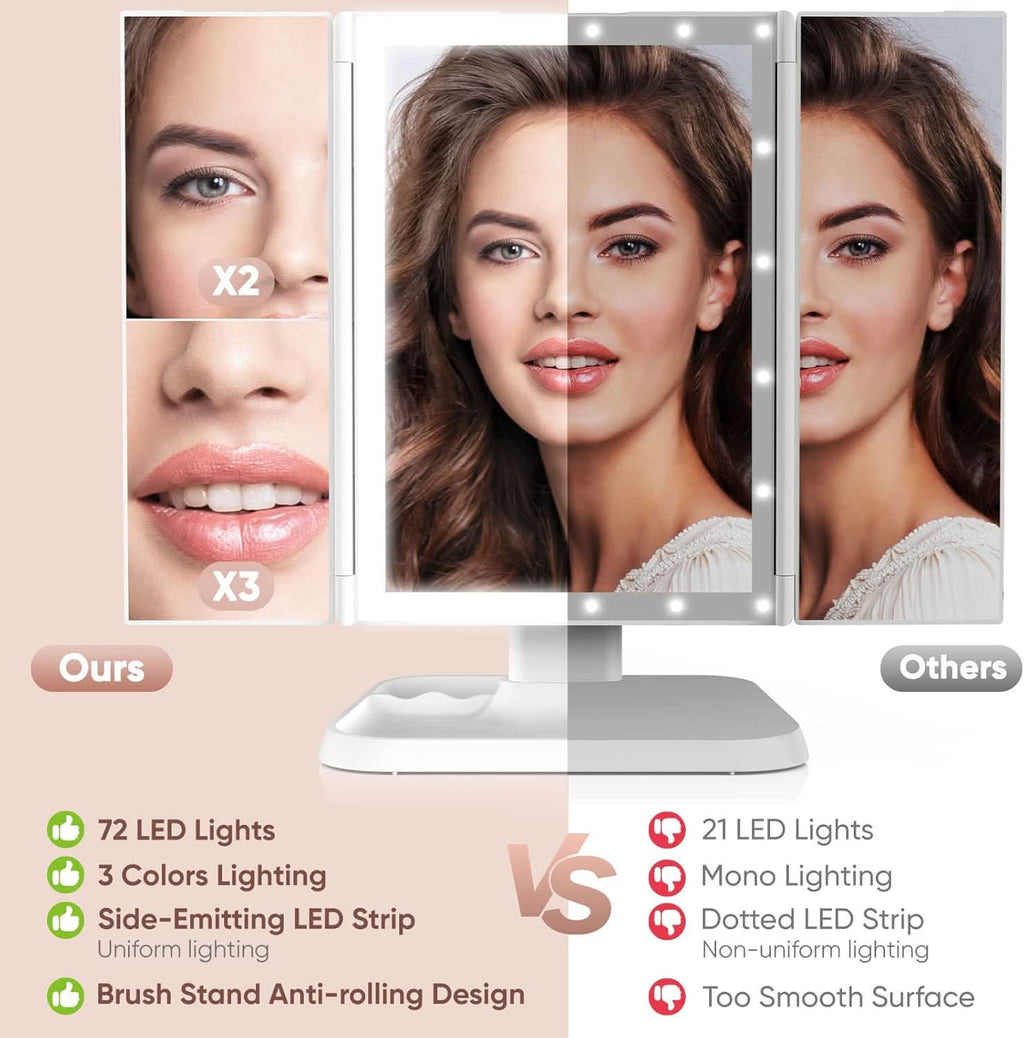 Espejo LED plegable de 3 paneles para maquillaje preciso 