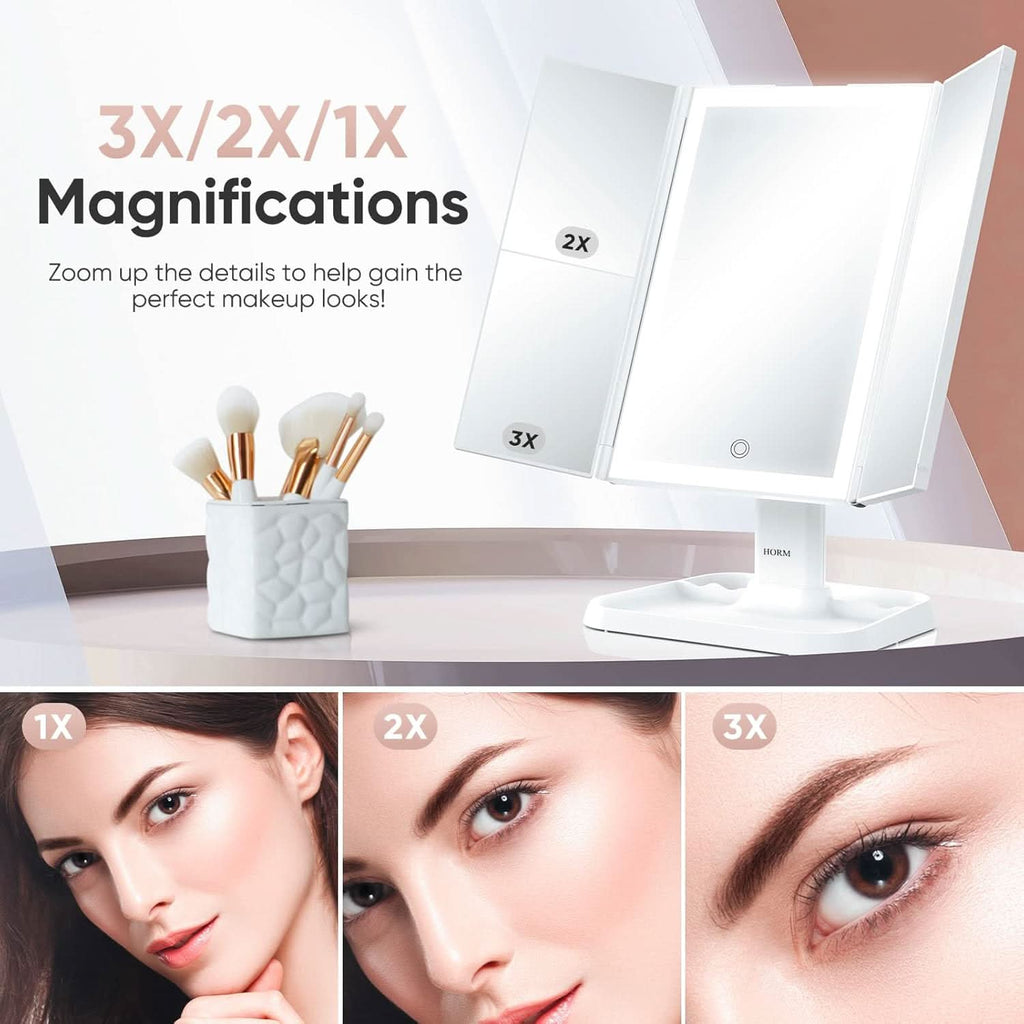 Espejo LED plegable de 3 paneles para maquillaje preciso 